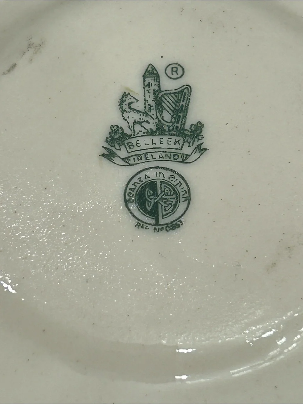 Belleek Shamrock Tea Cup and Saucer Green Marked Porcelain Stamp on Ivory Base